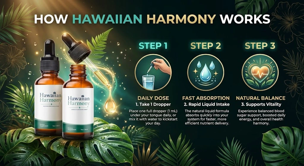 How Hawaiian Harmony works: take one dropper daily, fast liquid absorption, natural balance support