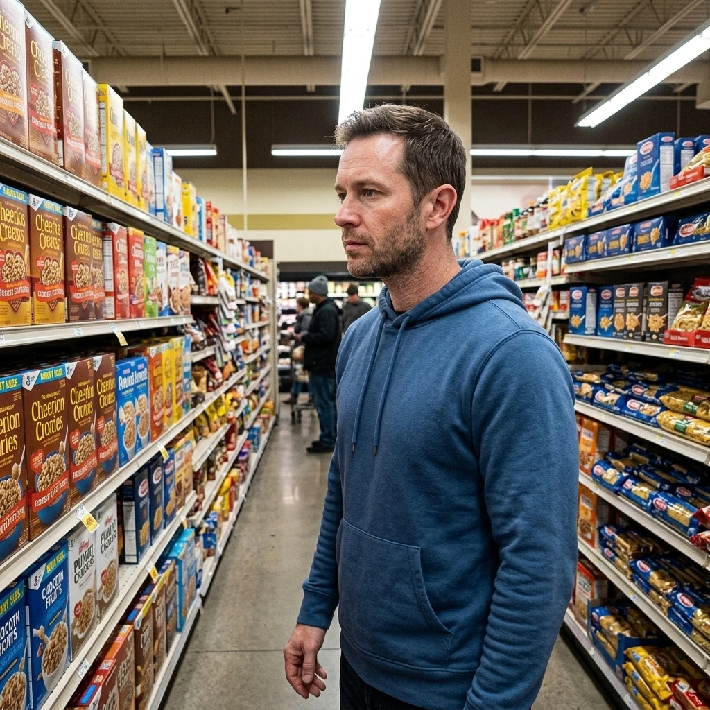 Person navigating food choices in a grocery store